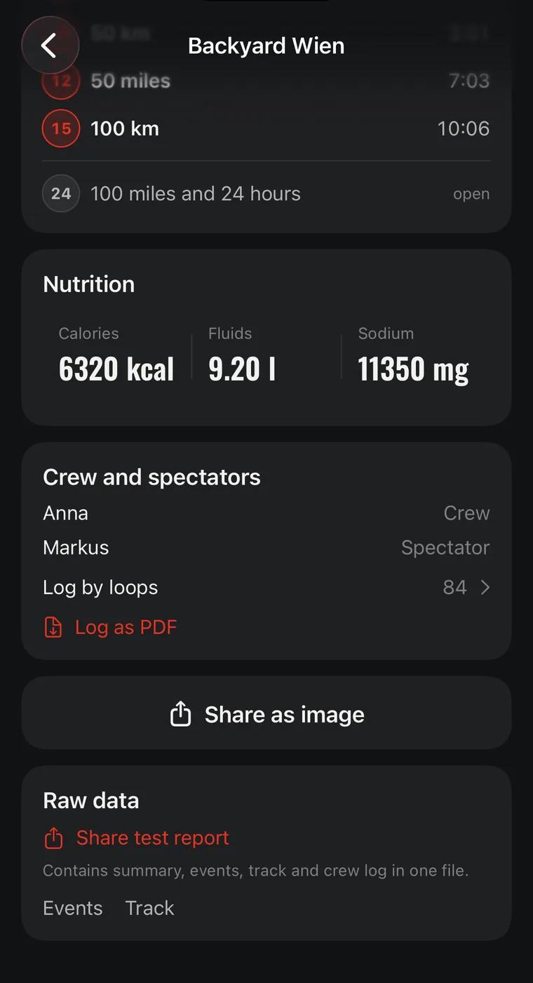 Crew and log screen with nutrition totals and crew list
