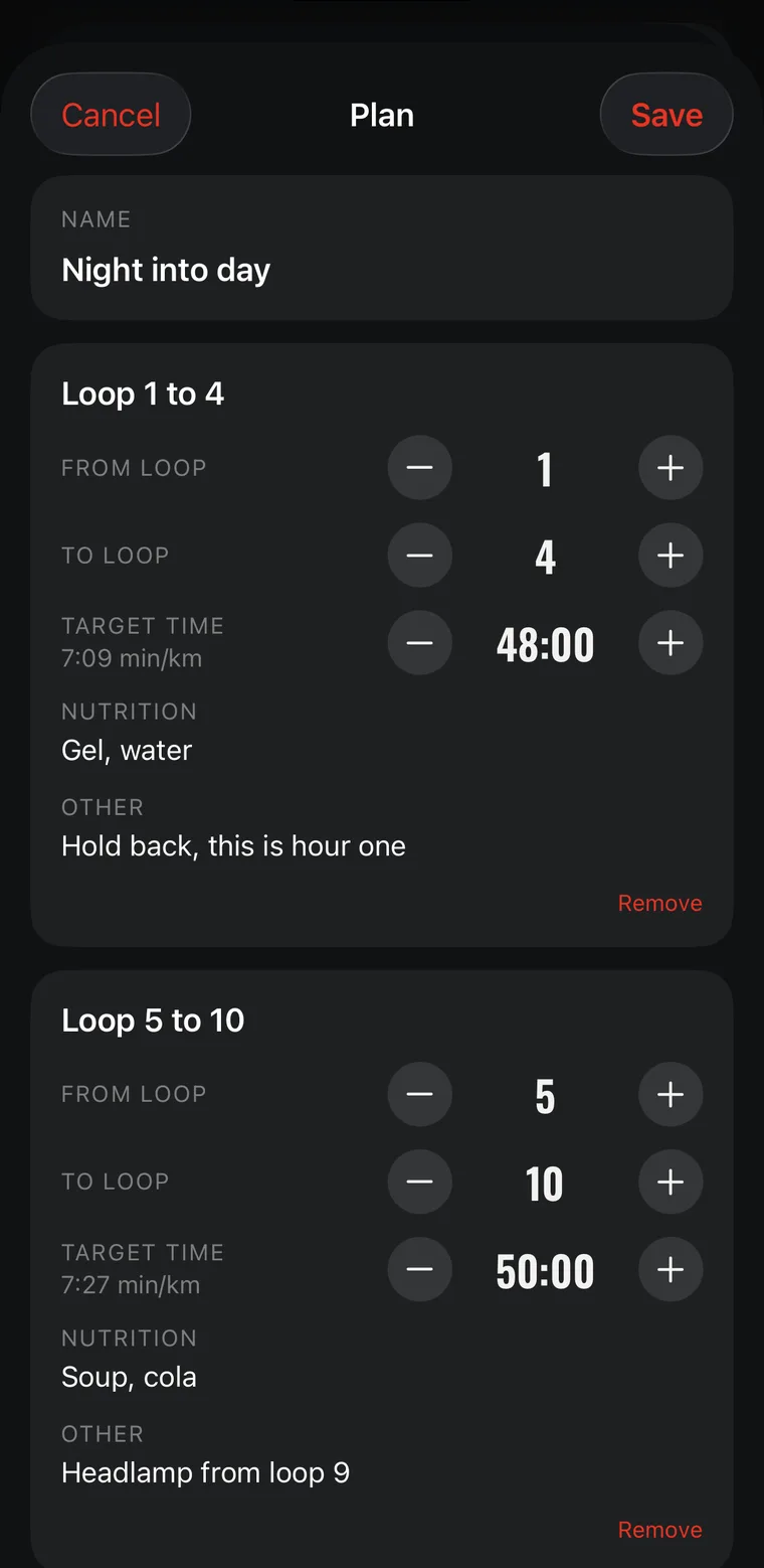 Plan editor with loop blocks, target times and nutrition