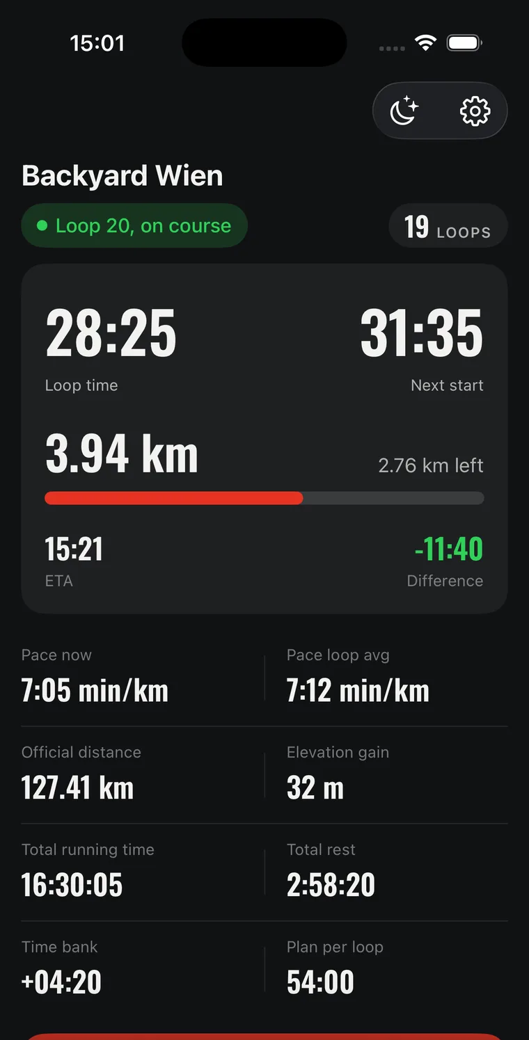 NextYard race screen showing loop time, next start, distance and pace